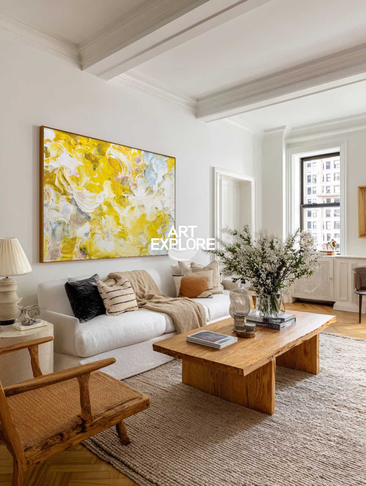 Large Horizontal Canvas Art In Yellow And White For Office And Bedroom Walls