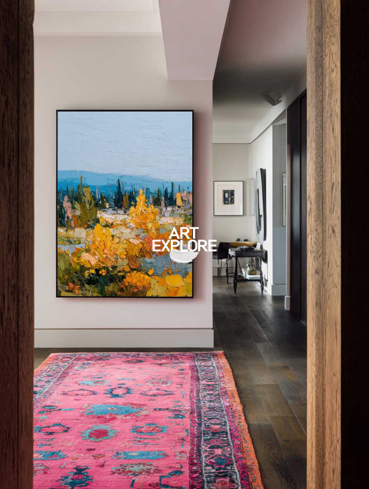 Golden Autumn Forest Landscape Oil Painting With Rich Texture For Living Room Decor