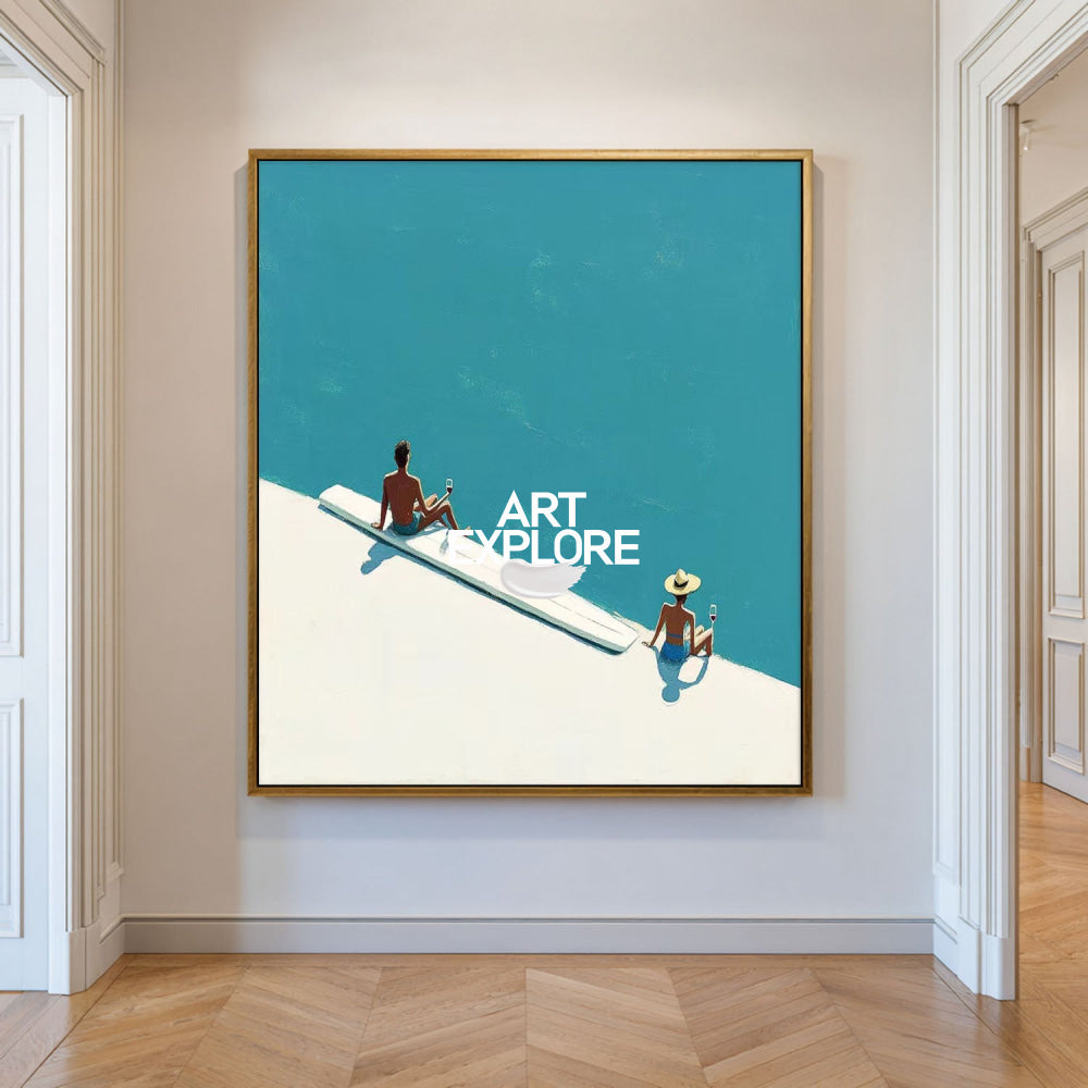 Abstract Coastal Summer Art With Turquoise Sea And Relaxing Figures For Modern Home Decor