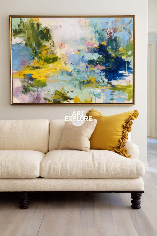 Large Abstract Impressionist Painting With Blue And Yellow Tones For Modern Living Room Decor