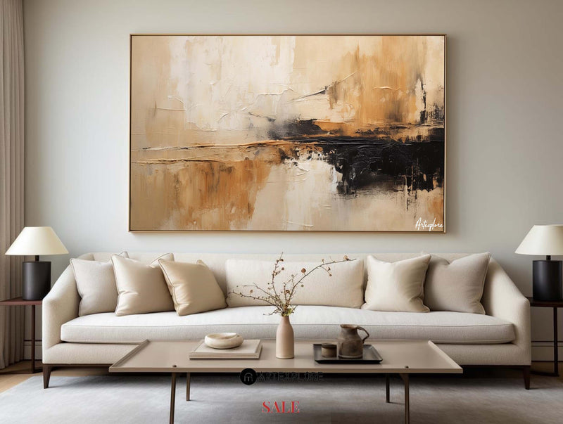 Modern large tan and brown abstract painting, black and beige acrylic painting for sale