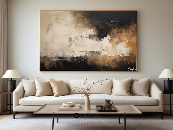 Large canvas paintings, dark beige and black abstract wall art, rich textured paintings