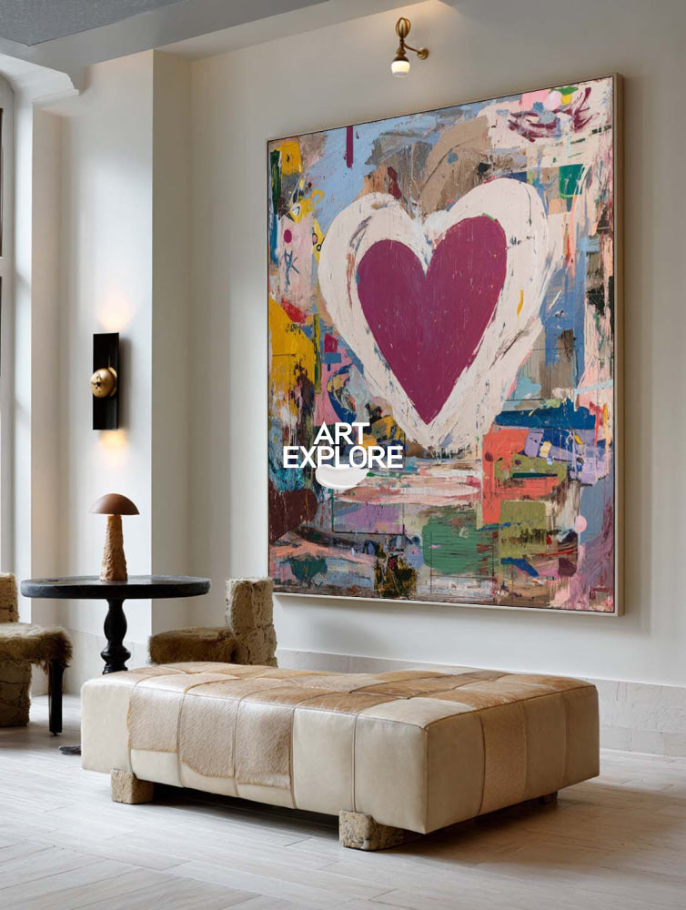 Original Abstract Heart Painting With Colorful Texture For Modern Living Room And Bedroom Decor