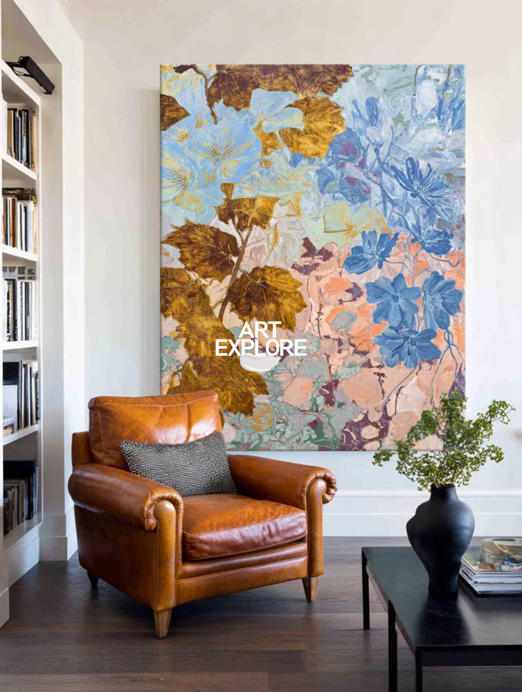 Original Blue And Gold Botanical Abstract Art Painting For Modern Home Decor