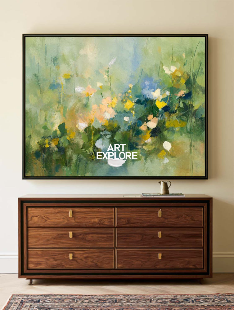 Textured Abstract Wildflower Painting In Green And Yellow For Modern Living Room Decor
