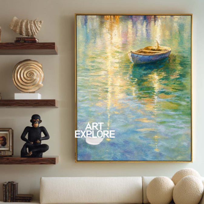 Modern Abstract Rowboat Painting For Living Room With Gold And Blue Tones
