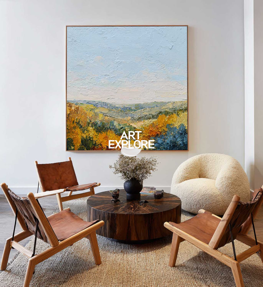 Square Original Oil Painting Of Autumn Hills With Rich Texture And Earth Tones