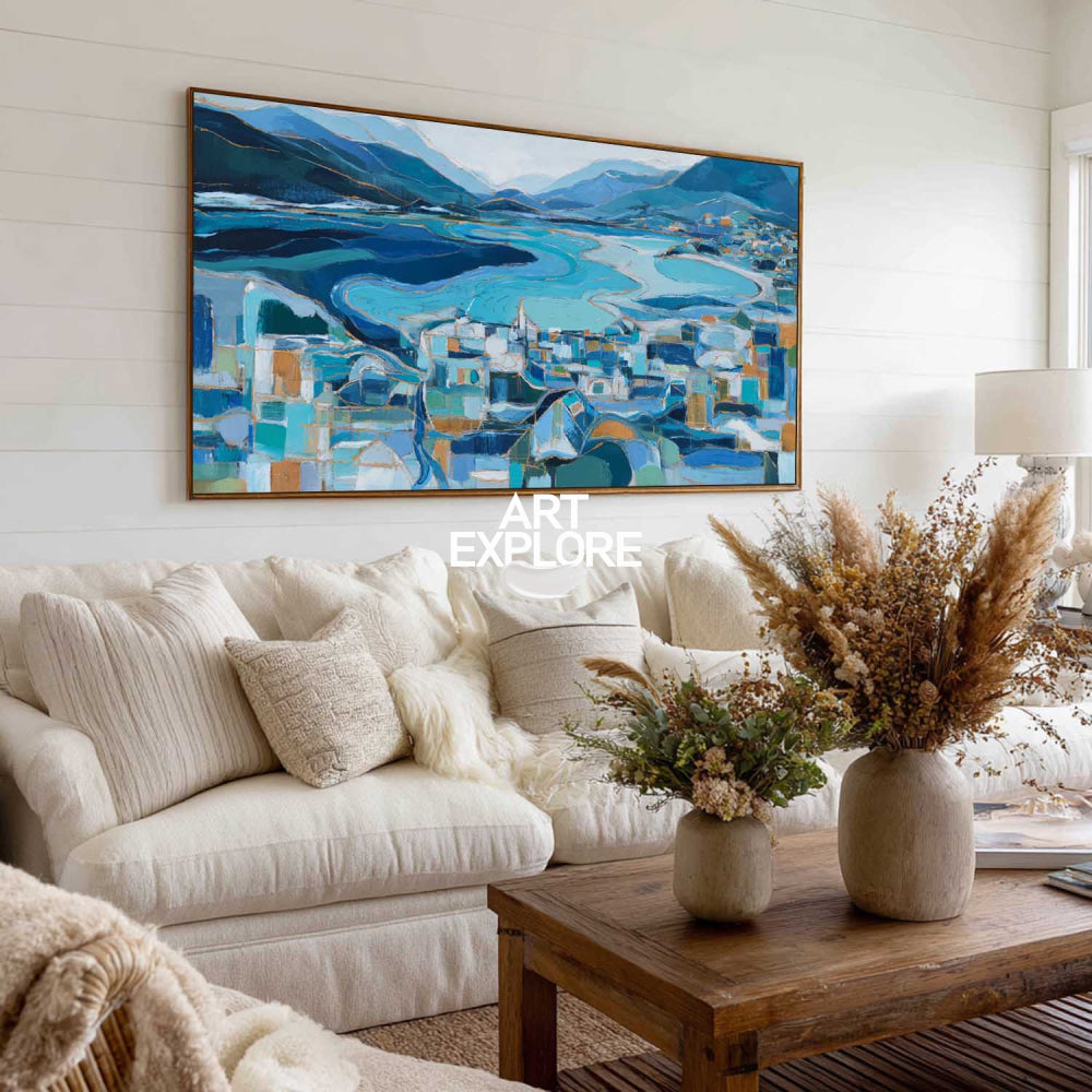 Abstract Coastal Seascape Painting With Gold Accents For Modern Living Room Decor