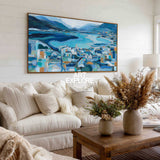 Abstract Coastal Seascape Painting With Gold Accents For Modern Living Room Decor