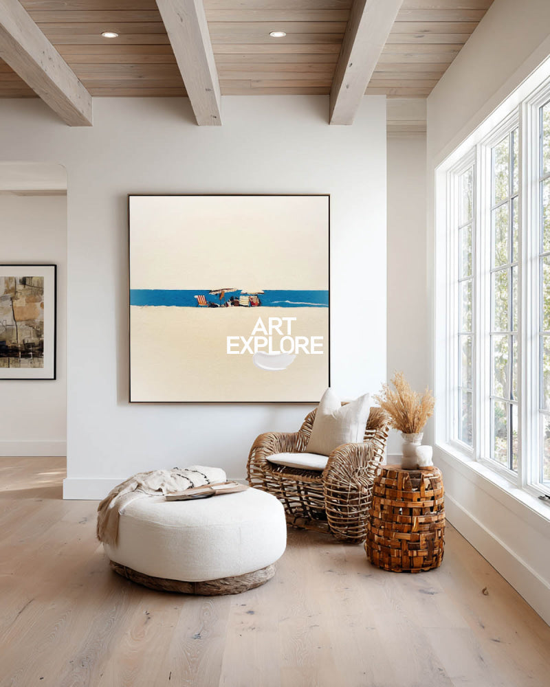 Original Minimalist Beach Painting With Blue Sea And Sand For Modern Coastal Home Decor Art