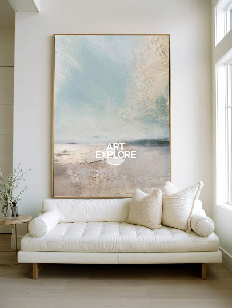 Original Nature Landscape Painting In Blue And Beige For Bedroom Wall Art Design