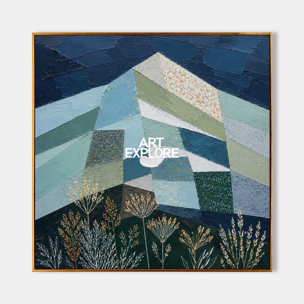 Geometric Mountain Art Painting Blue Green Gold Abstract Square Canvas For Modern Living Room Office Decor