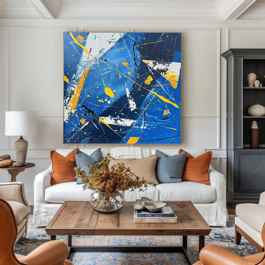 Modern Abstract Blue And Yellow Wall Art Original Colorful Canvas ...
