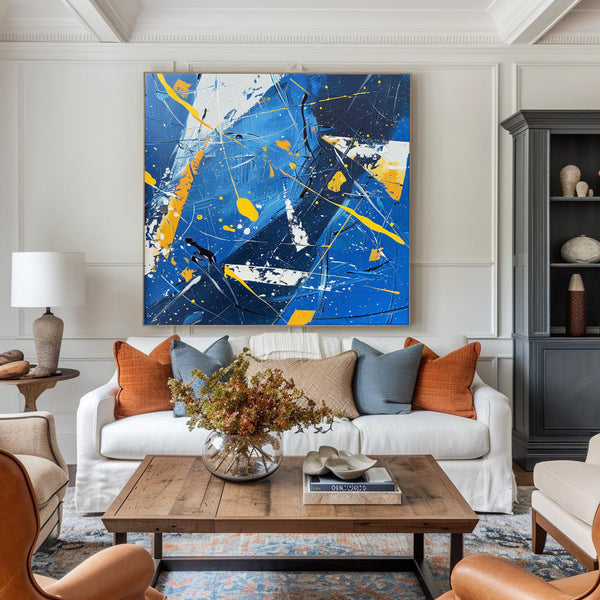 Modern Abstract Blue And Yellow Wall Art Original Colorful Canvas Painting For Living Room