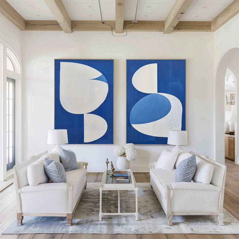 Large Blue And White Abstract Art Diptych Painting 2 piece Geometric Minimalist Art Acrylic Painting On Canvas