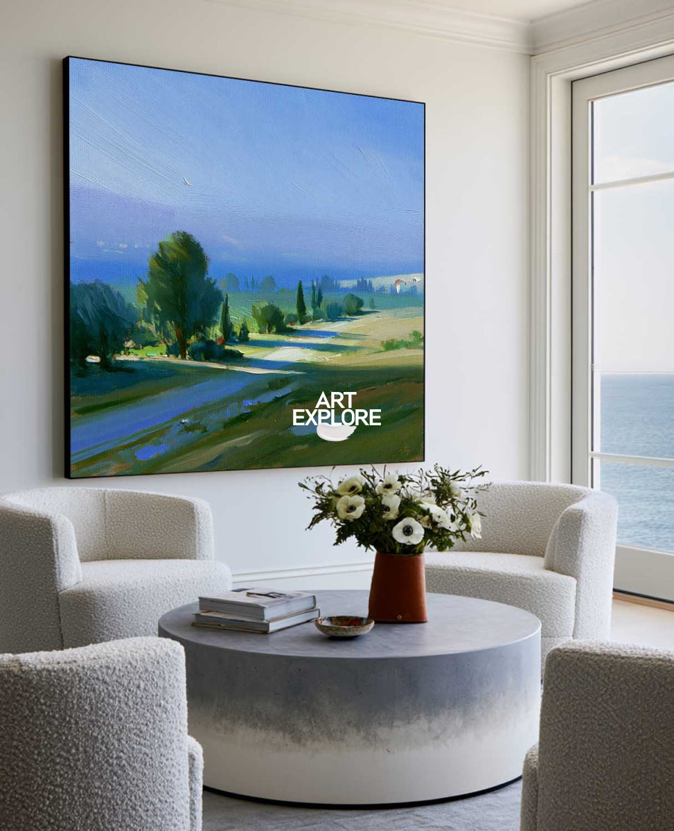 Modern Blue Green Landscape Painting Square Canvas Art For Living Room Decor