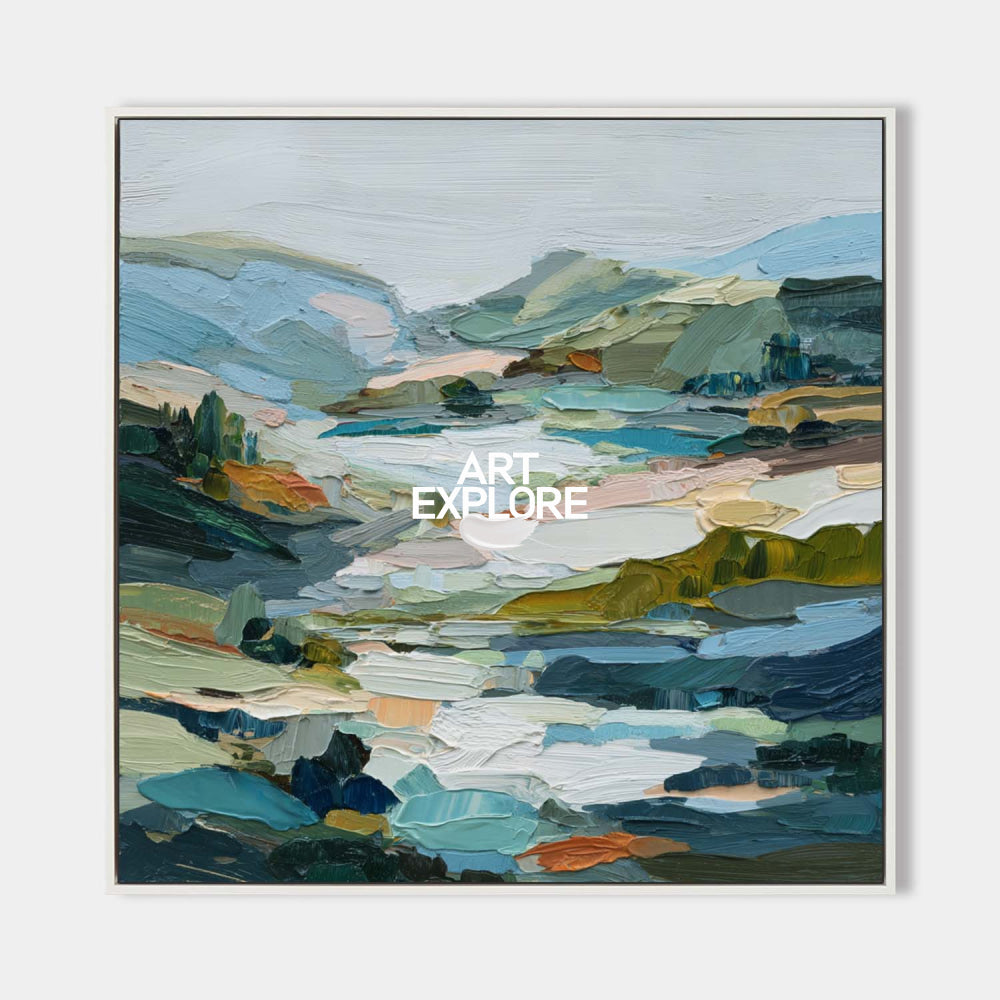 Abstract Green Hill Landscape Painting With Textured Brushstrokes For Modern Home Decor
