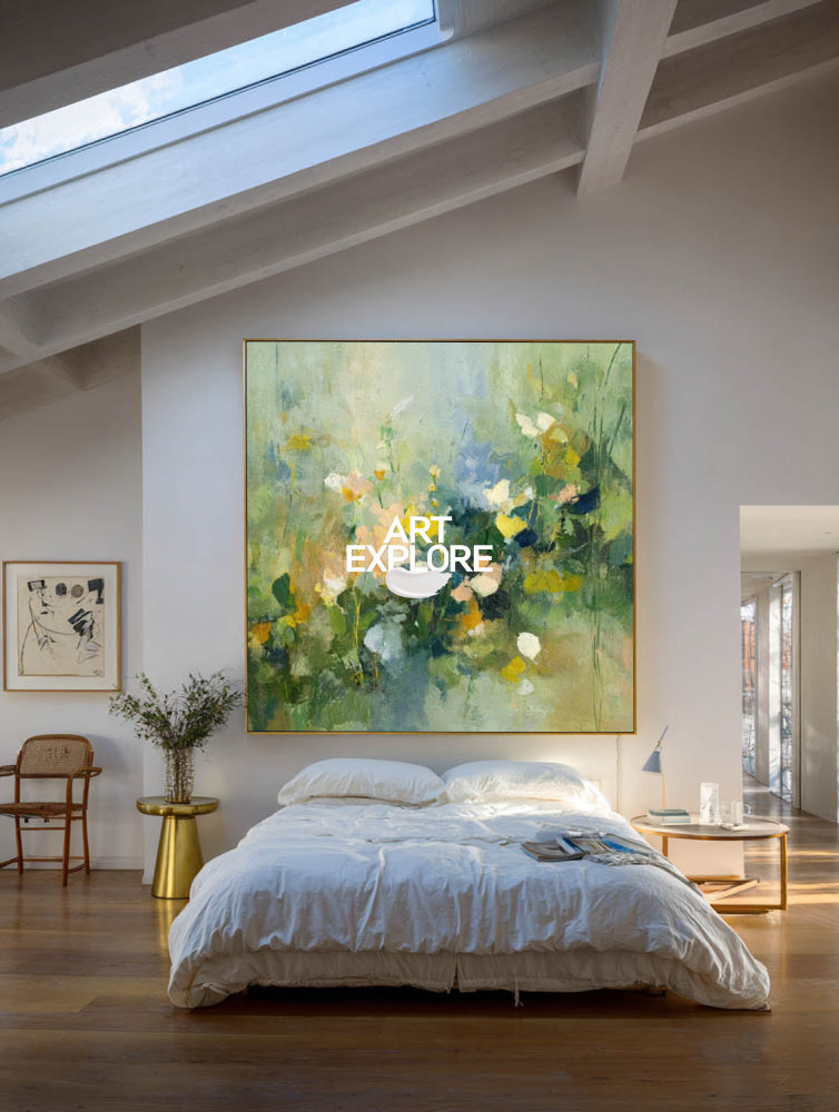 Original Green Meadow Art Print Abstract Botanical Painting For Bedroom Decor