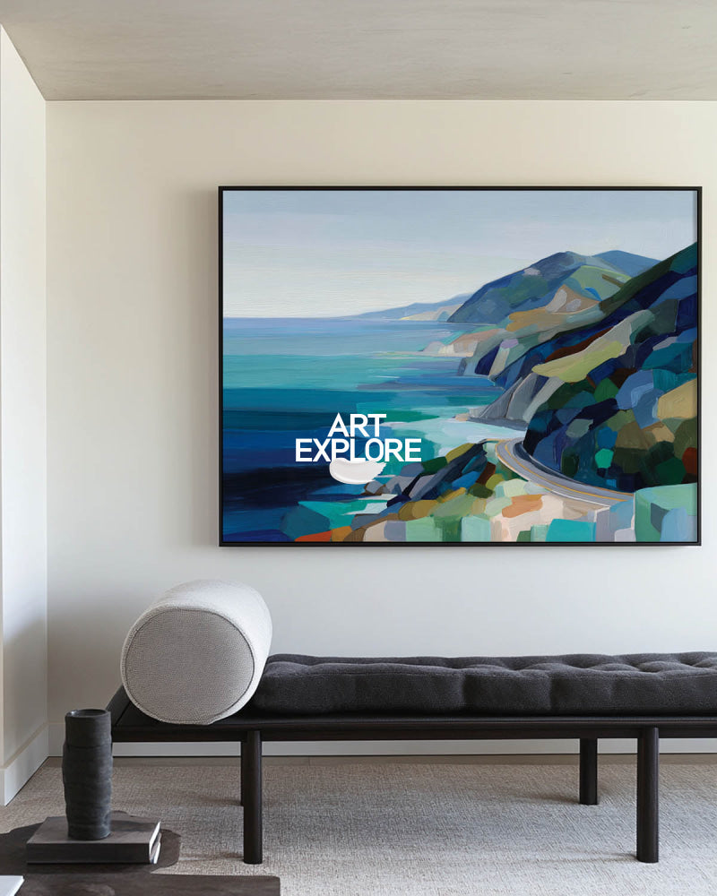 Abstract Coastal Highway Landscape Painting With Blue And Green Tones For Modern Home Decor