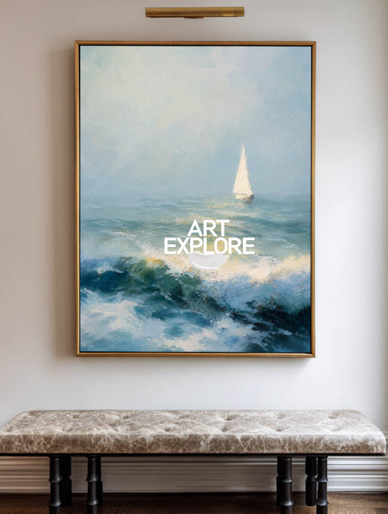 Textured Seascape Oil Painting With Sailboat For Modern Coastal Living Room Decor