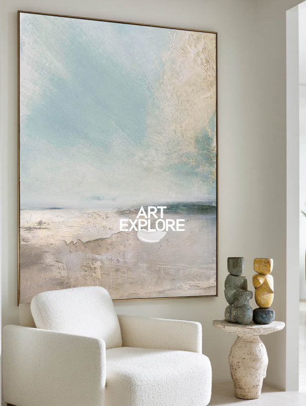 Original Nature Landscape Painting In Blue And Beige For Bedroom Wall Art Design
