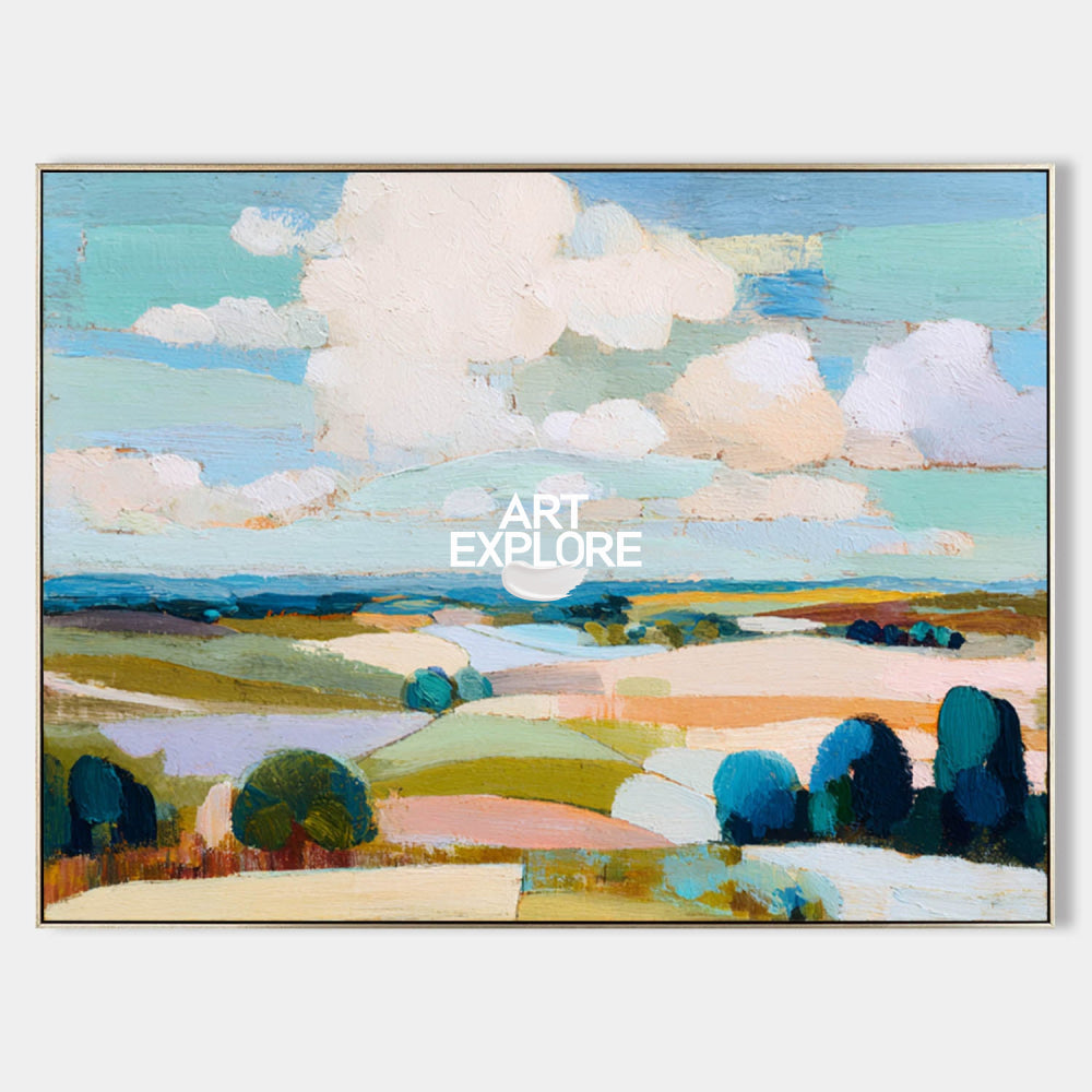 Contemporary Textured Landscape Painting With Blue Green Fields For Modern Home Decor