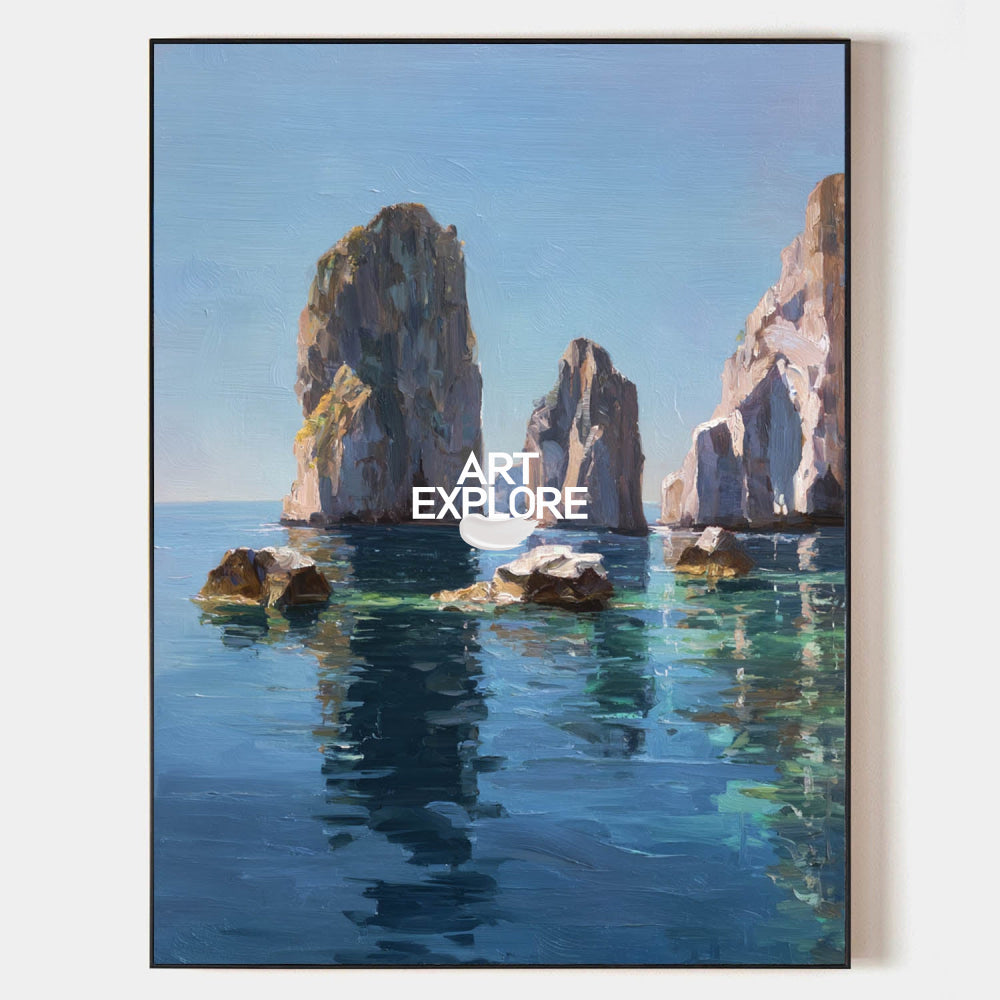 Abstract Seascape Art With Textured Rocks And Calm Blue Water For Office Decor