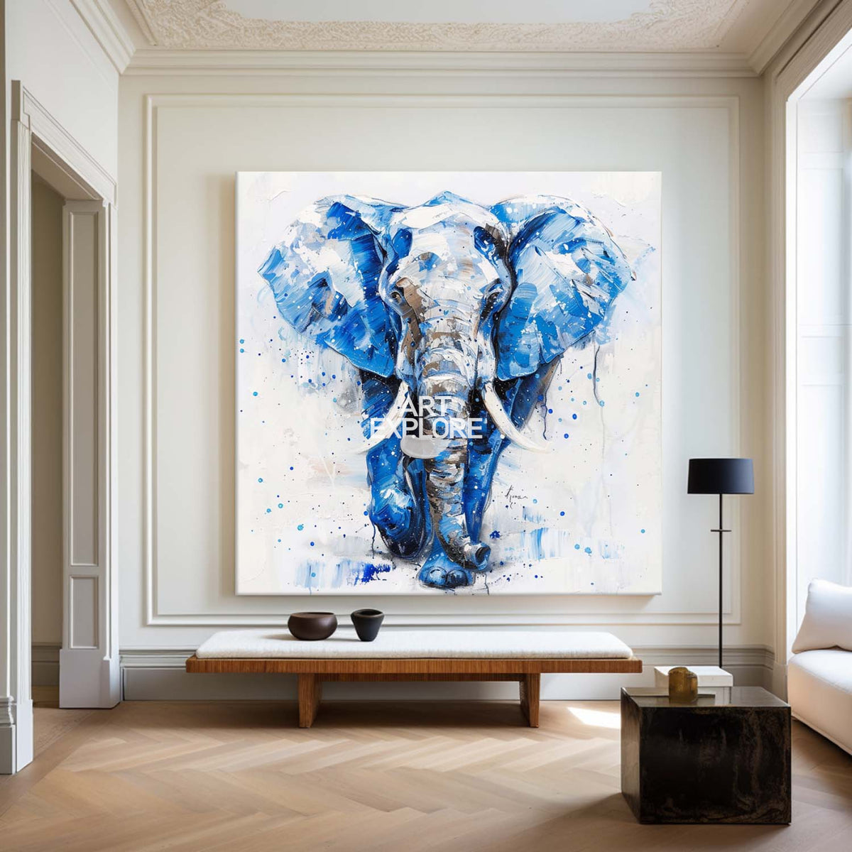 Large BLUE And White Elephant Canvas Palette  Oil Painting Original  Blue Elephant Abstract Contemporary Art Painting Wall Art Custom Canvas Paintings 