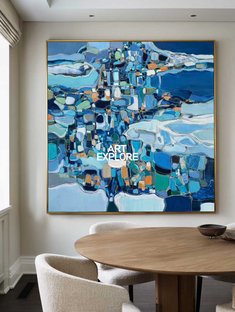 Abstract Blue Seascape Oil Painting Modern Square Canvas Art For Home Decor