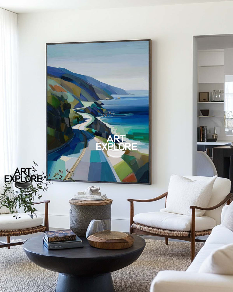 Abstract Coastal Highway Painting Original Oil Art For Modern Home Decor
