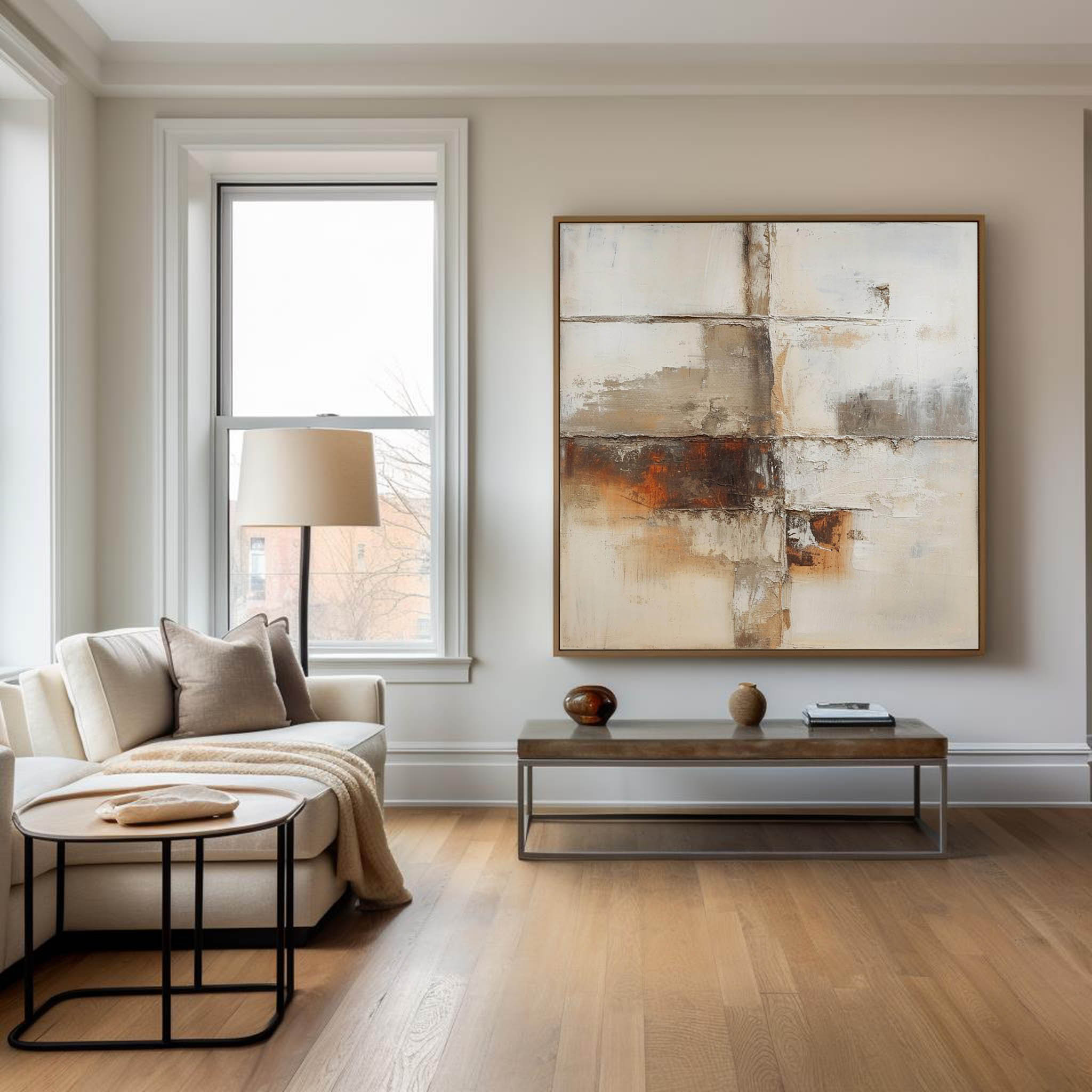 Abstract Beige And Brown Artwork Oil Painting,Large Beige Textured Square Wall Art,Minimalist Apartment Decor,Beige Wall Art Original