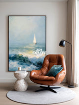 Textured Seascape Oil Painting With Sailboat For Modern Coastal Living Room Decor