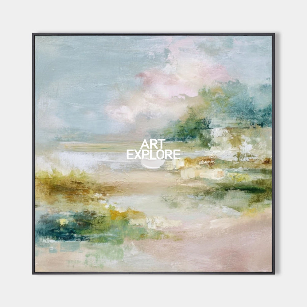 Abstract Estuary Landscape Painting With Soft Blues And Greens For Modern Home Decor