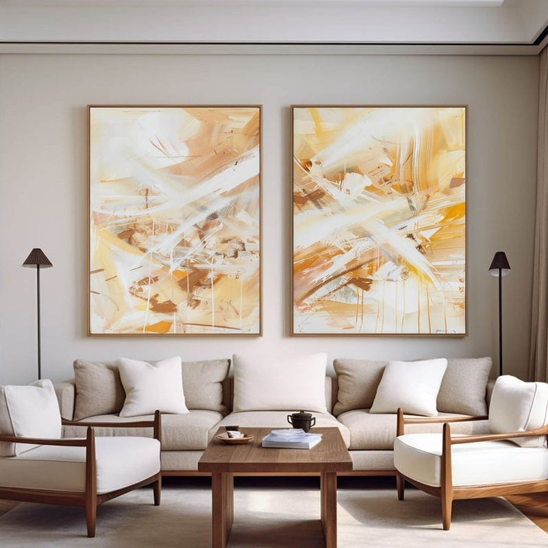 Yellow And White Set Of 2 Canvas Art Large Abstract Minimalist Line Art Modern Diptych Wall Art 