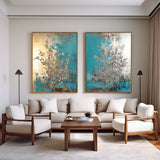 Diptych Turquoise Painting, Set Of 2 Bauhaus Art Decoration Large Silver Textured Wall Art 