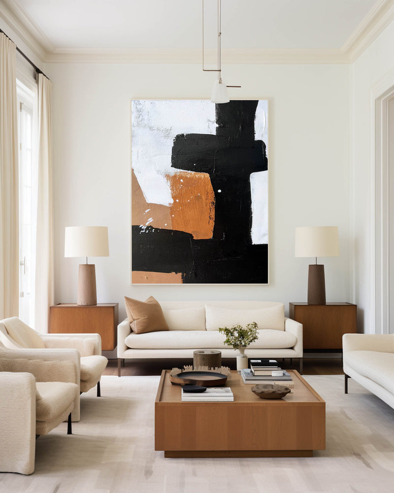 Modern Minimalist Painting Large Acrylic Painting Black White And Brown Cool Line Minimalist Painting For Sale