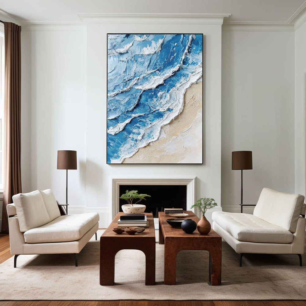 Large Blue Ocean Wave Wall Art Paintings White Blue Sea Art Painting Blue Textured Wall Art 