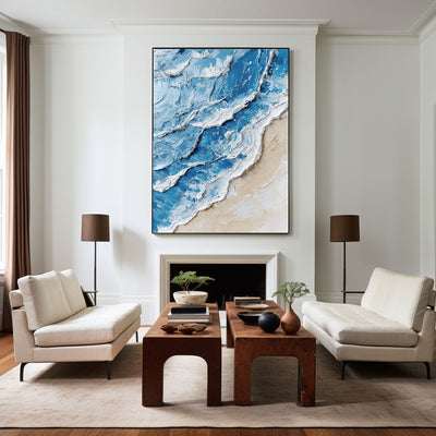 Large Blue Ocean Wave Wall Art Paintings White Blue Sea Art Painting Blue Textured Wall Art 