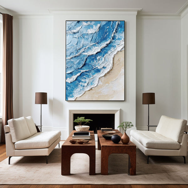 Large Blue Ocean Wave Wall Art Paintings White Blue Sea Art Painting Blue Textured Wall Art 