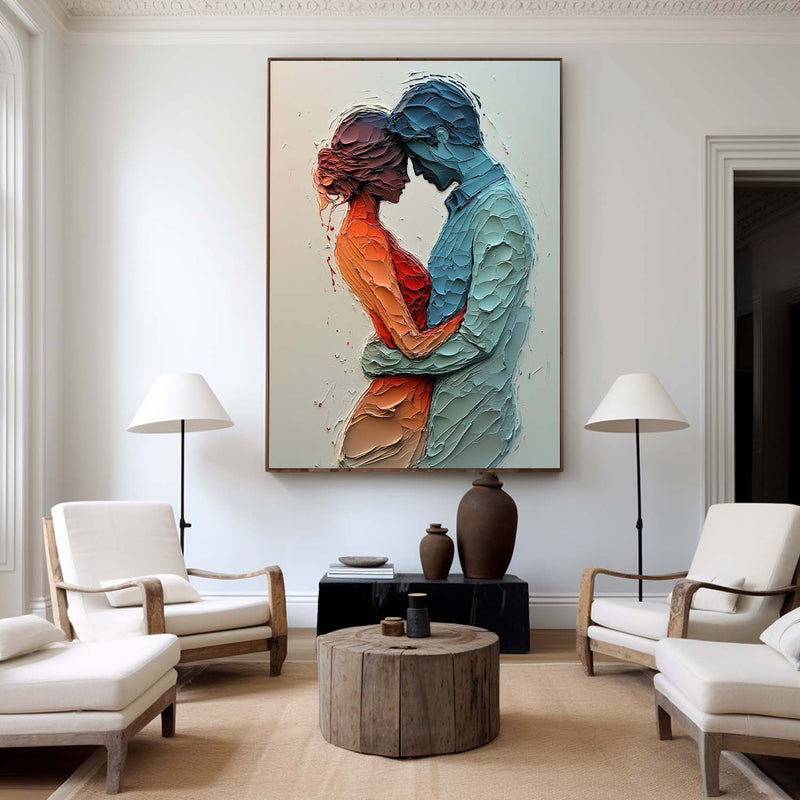 Modern Lovers Painting Blue Red Palette Knife Painting Rich Textured Lovers Artworks for Livingroom