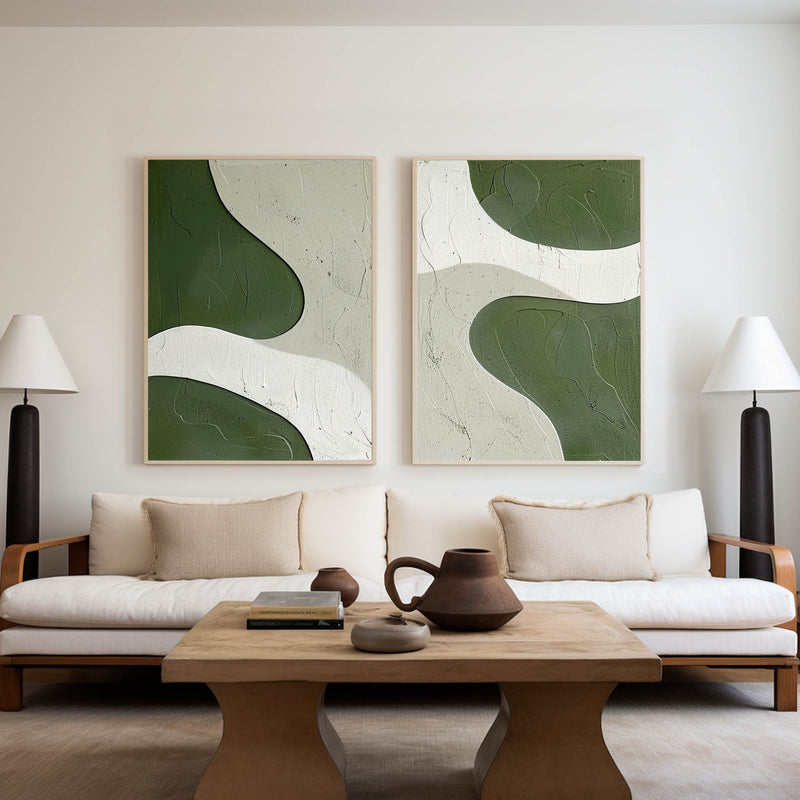 White And Green Diptych Painting Set Of 2 Minimalist Art Abstract Canvas Wall Art