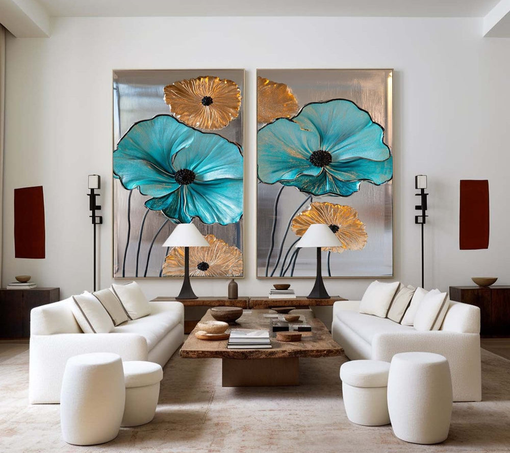 Diptych Turquoise Flowers Art Painting, Set Of 2 Silver Color Rich Texture Art Large Abstract Wall Art 