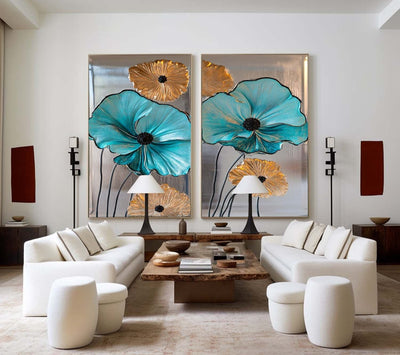 Diptych Turquoise Flowers Art Painting, Set Of 2 Silver Color Rich Texture Art Large Abstract Wall Art 