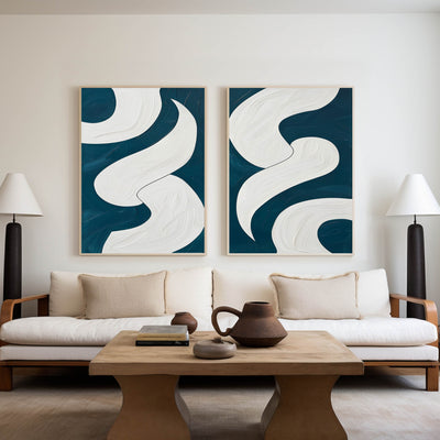 Abstract Turquoise And White Framed Wall Art Set Of 2 Geomet Shapes Painting Modern Oil Art Custom Canvas Paintings 