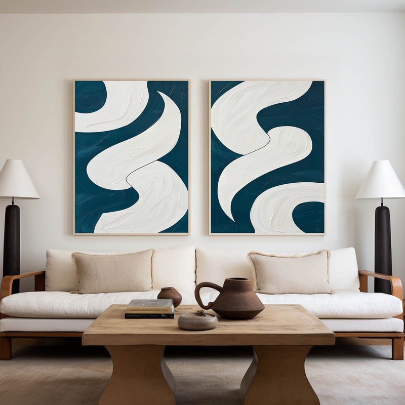Abstract Turquoise And White Framed Wall Art Set Of 2 Geomet Shapes Painting Modern Oil Art Custom Canvas Paintings 