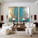 Diptych Turquoise Painting, Set Of 2 Bauhaus Art Decoration Large Silver Textured Wall Art 
