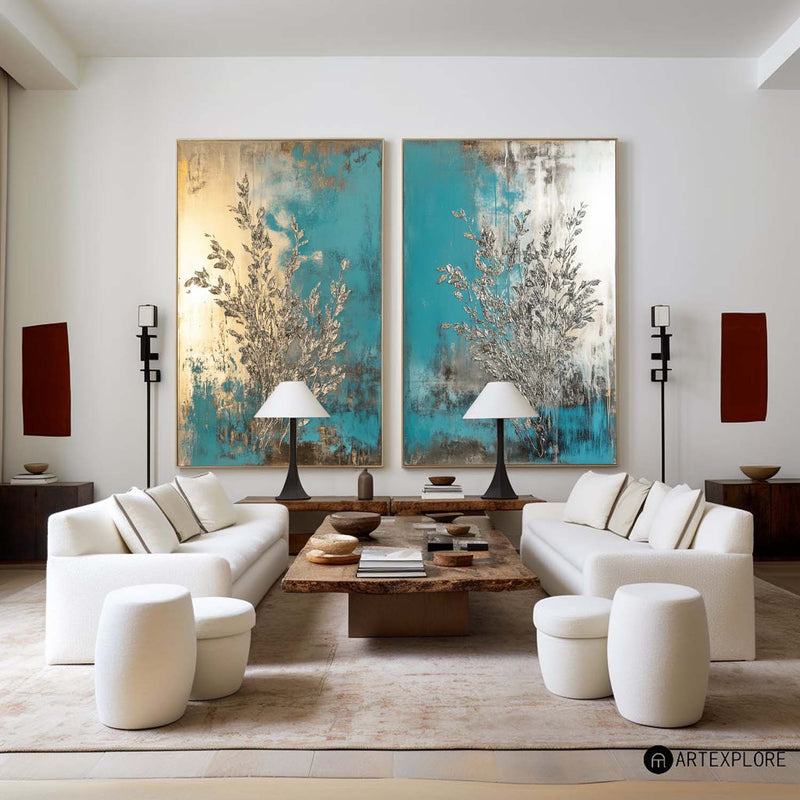 Diptych Turquoise Painting, Set Of 2 Bauhaus Art Decoration Large Silver Textured Wall Art 