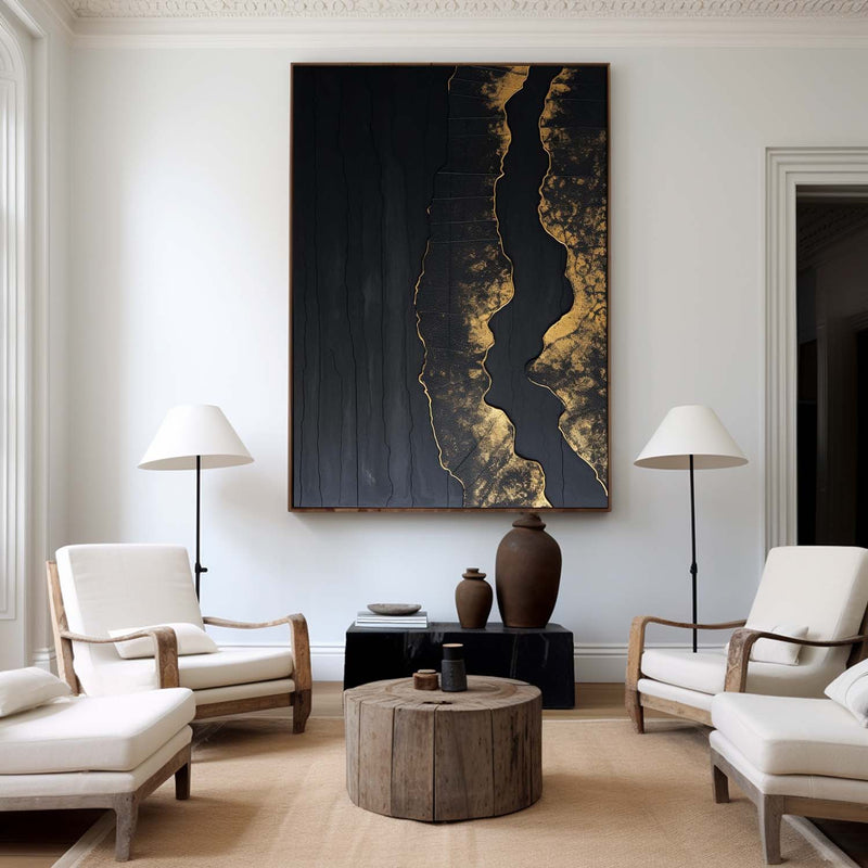 Modern Black Abstract Wall Art Extra Black Gold Large Canvas Large Oil Painting Modern Wall Decor Dining Room