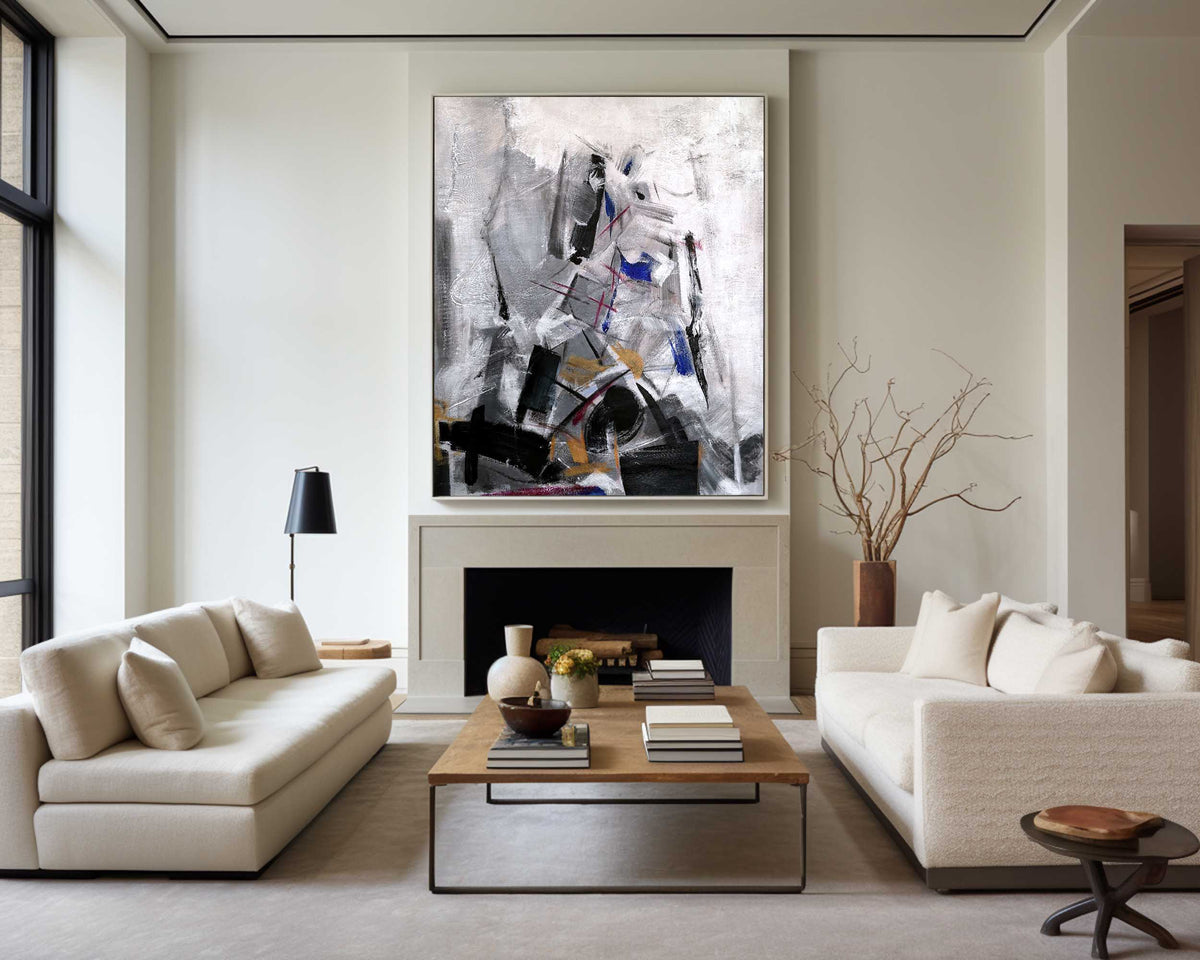 Contemporary Abstract Art Large Vertical Black And White Abstract Painting 