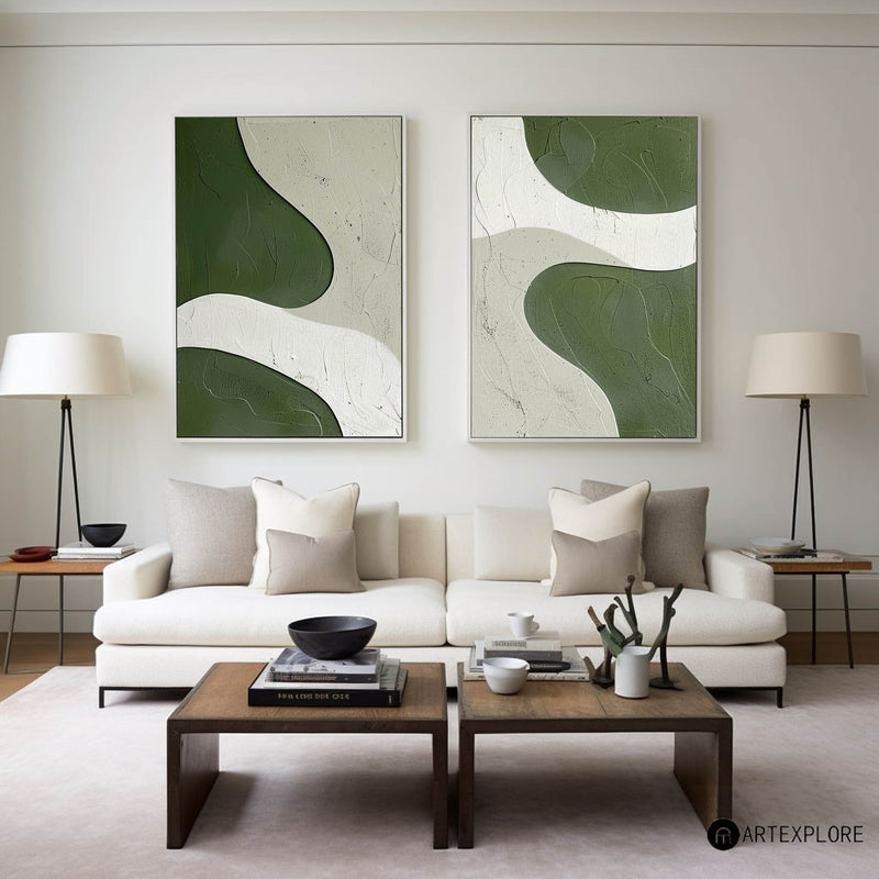 White And Green Diptych Painting Set Of 2 Minimalist Art Abstract Canvas Wall Art